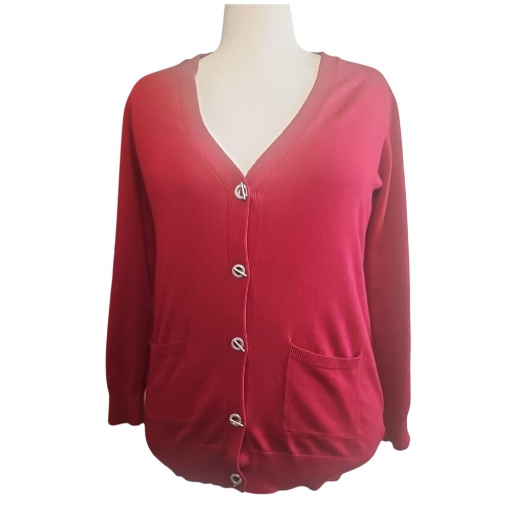 Joan Vass New York Burgundy Cardigan Sweater Silver Toggle Buttons Patch Pockets